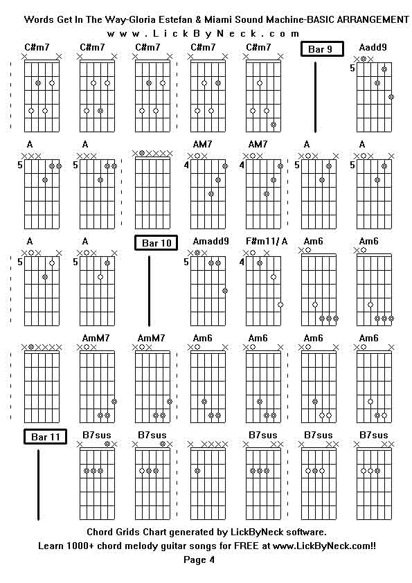 Chord Grids Chart of chord melody fingerstyle guitar song-Words Get In The Way-Gloria Estefan & Miami Sound Machine-BASIC ARRANGEMENT,generated by LickByNeck software.